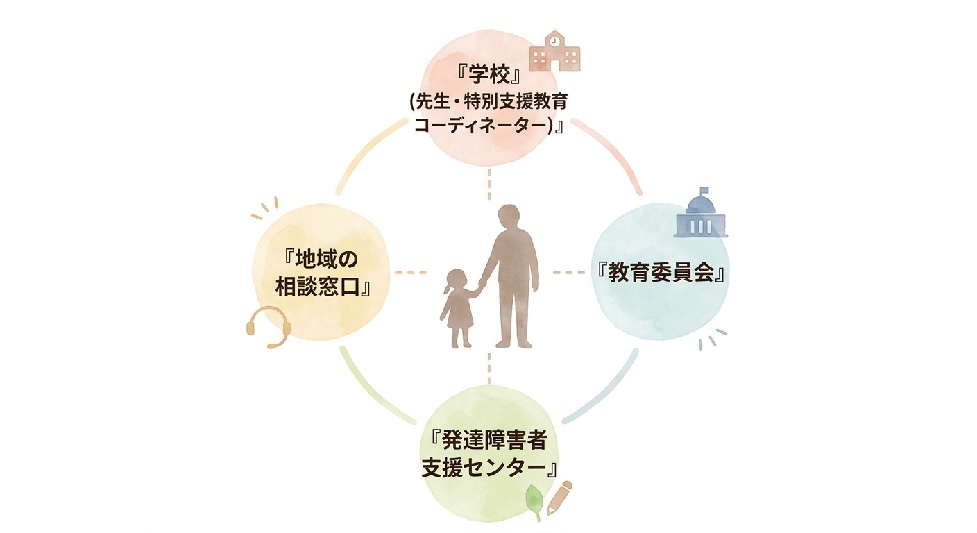 家庭を中心に、学校(先生・特別支援教育コーディネーター)、教育委員会、発達障害者支援センター、地域の相談窓口がつながっていることを示した図