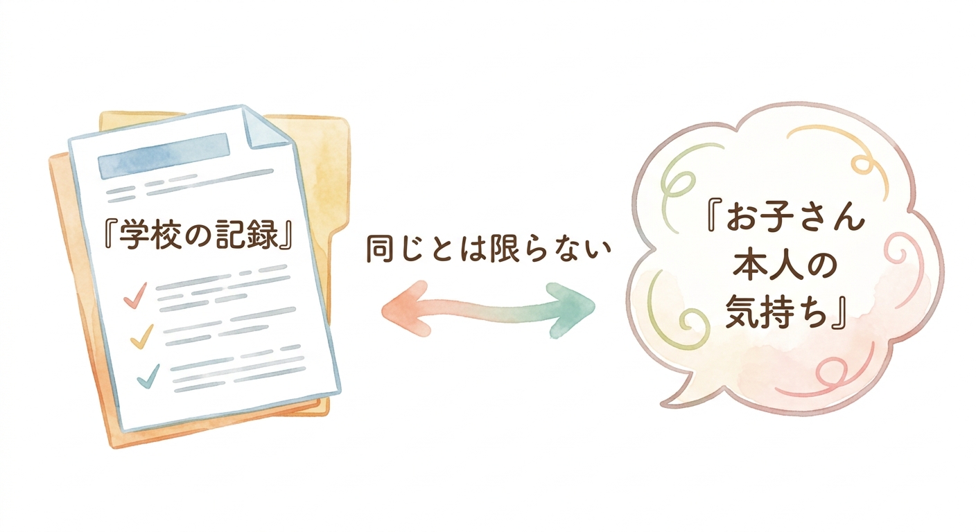 学校の記録と、お子さん本人の気持ちは、同じとは限らないことを示した図"