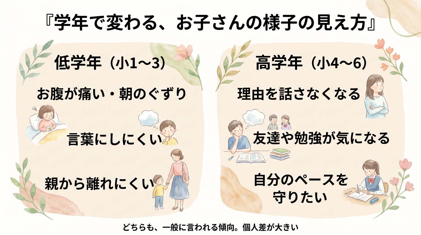 低学年(小1〜3)と高学年(小4〜6)で、お子さんの様子の見え方が変わることがあるという、一般に言われる傾向を並べた図。個人差が大きいと添えている