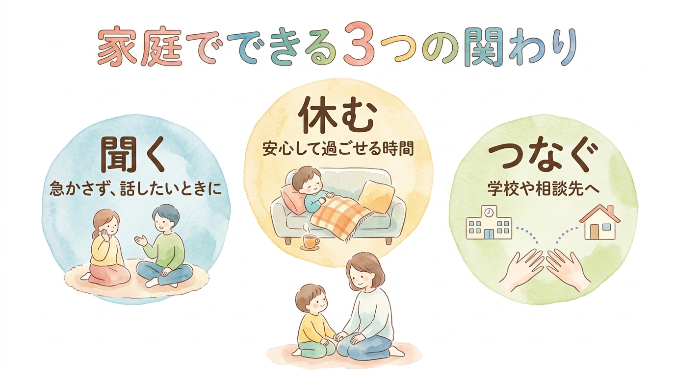 家庭でできる関わりとして、聞く、休む、つなぐの3つを示した図"