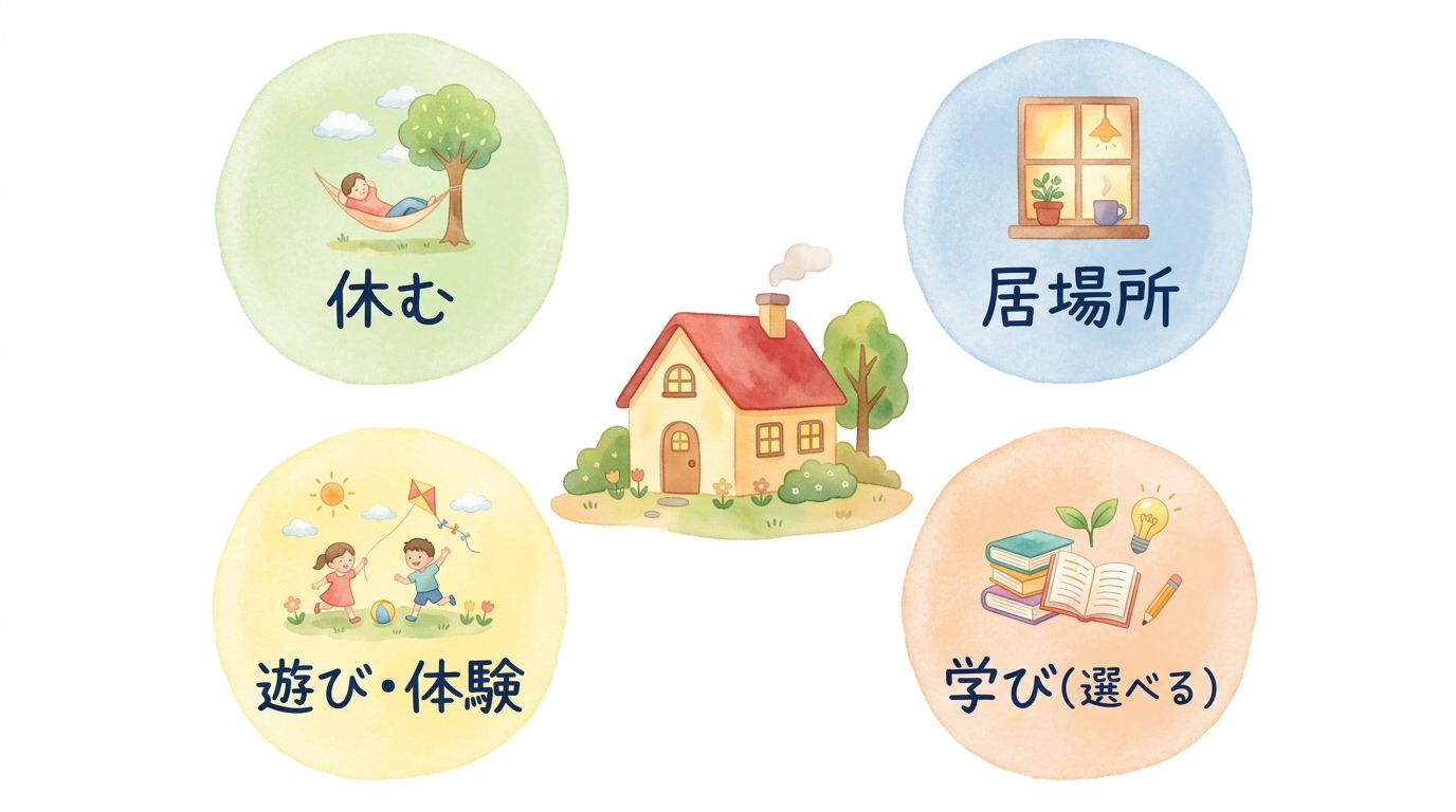 家で過ごす時間を、休む、居場所、遊び・体験、学び(選べる)の4つの要素で捉えた図。中央に家、周りに4つのカードを配置している