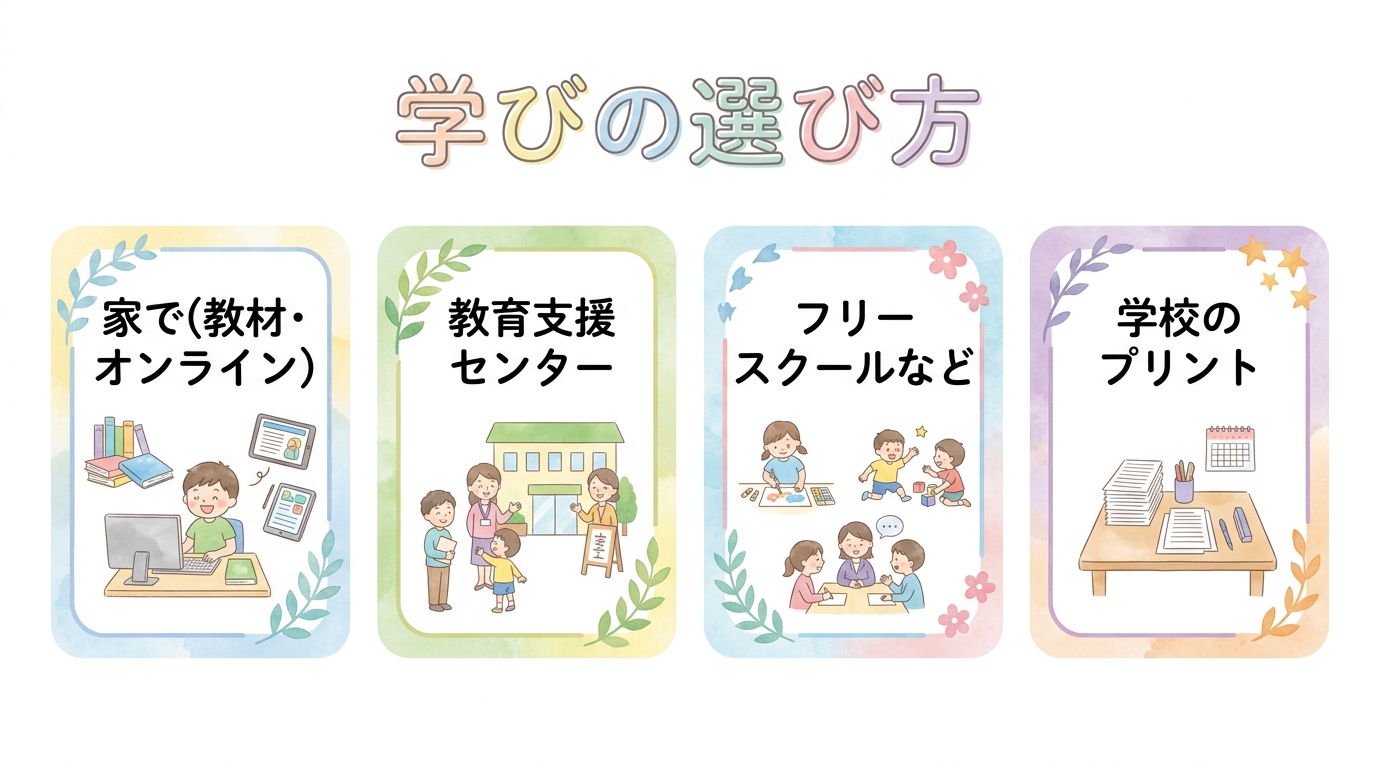 学びの選択肢として、家で(教材・オンライン)、教育支援センター、フリースクールなど、学校のプリントの4つを並べた図"