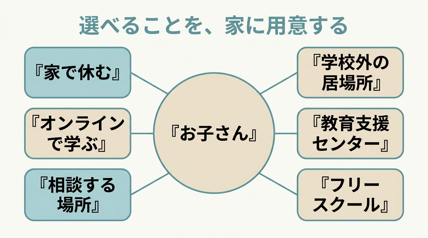お子さんを中心に、家で休む、オンラインで学ぶ、相談する場所、学校外の居場所、教育支援センター、フリースクールの6つの選択肢が並んだ図"
