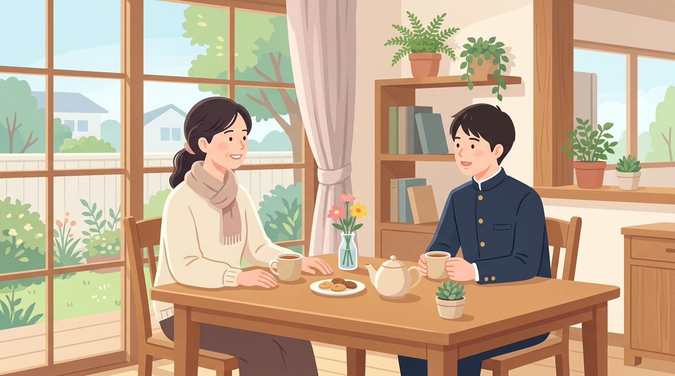 穏やかな部屋で、親と制服姿の高校生が机を挟んでお茶を飲みながら話している様子のイラスト