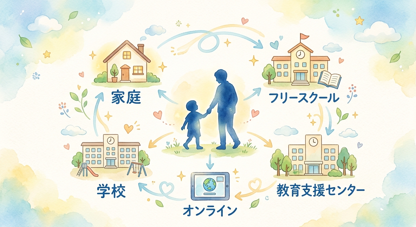 不登校の子どもの学びの場として、家庭、フリースクール、教育支援センター、学校、オンライン学習が並び、どれも行き来できる選択肢であることを示した図
