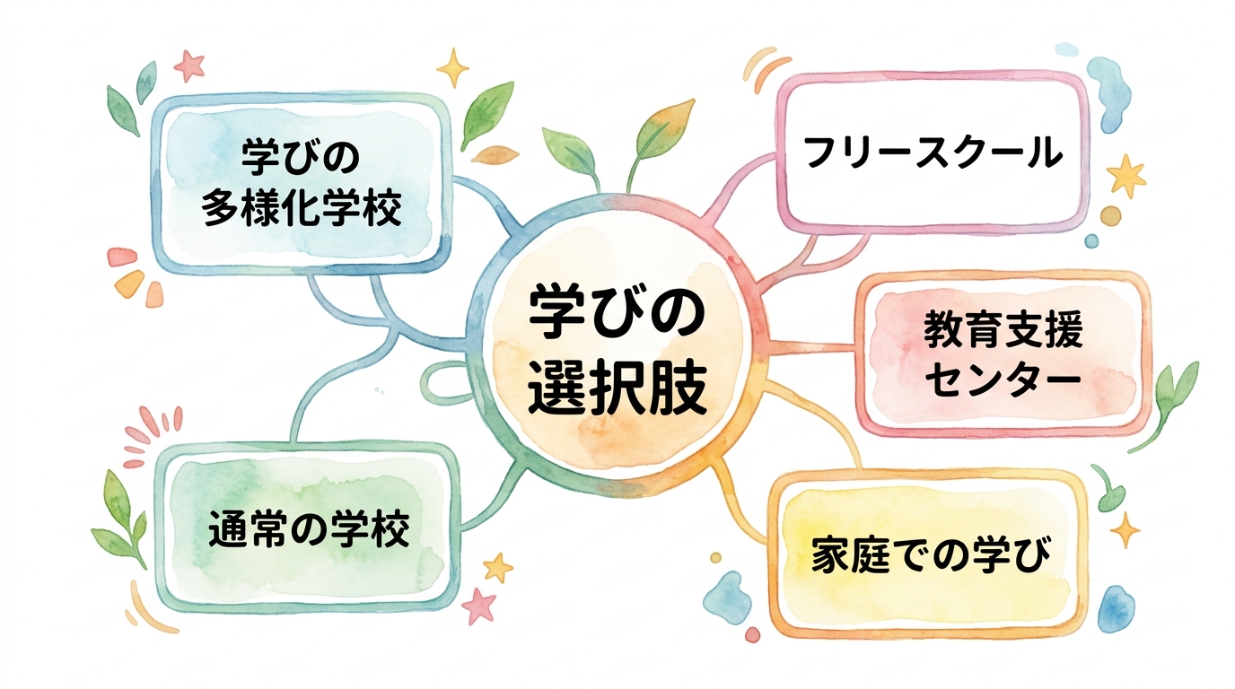 「学びの選択肢」を中心に、学びの多様化学校、フリースクール、教育支援センター、通常の学校、家庭での学びが並んでいる図