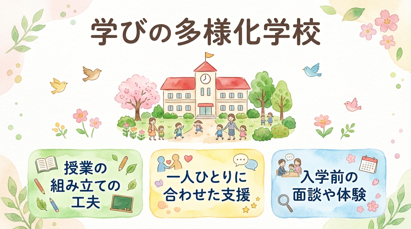 学びの多様化学校の特徴として、授業の組み立ての工夫、一人ひとりに合わせた支援、入学前の面談や体験が並んでいる図"