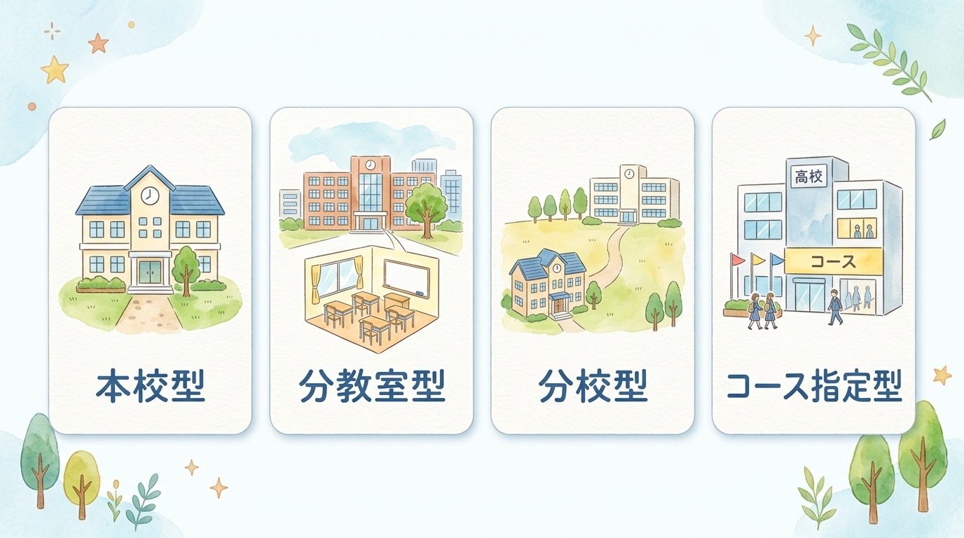 本校型、分教室型、分校型、コース指定型の4つの形態を、建物のイラストで並べた図"