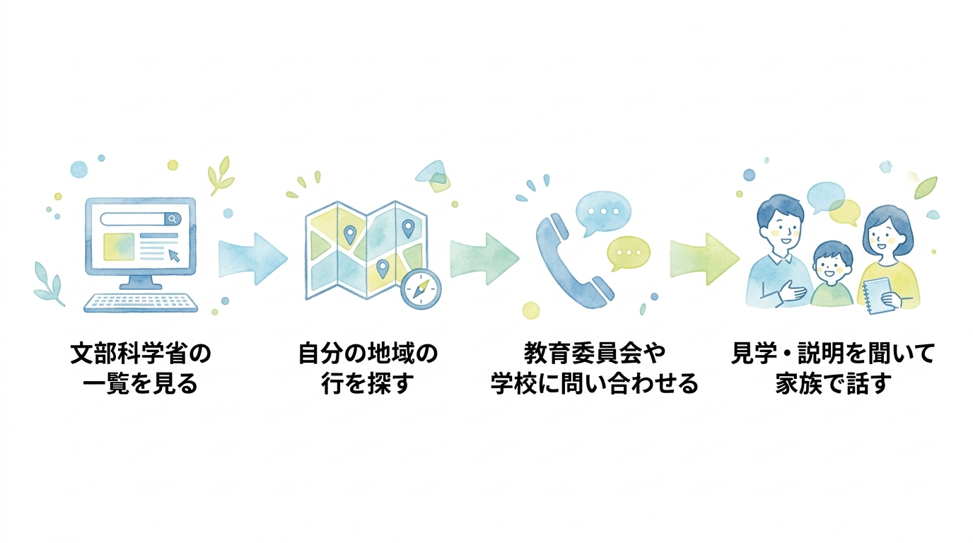 文部科学省の一覧を見る、自分の地域の行を探す、教育委員会や学校に問い合わせる、見学や説明を聞いて家族で話す、という4つの手順が矢印でつながった図