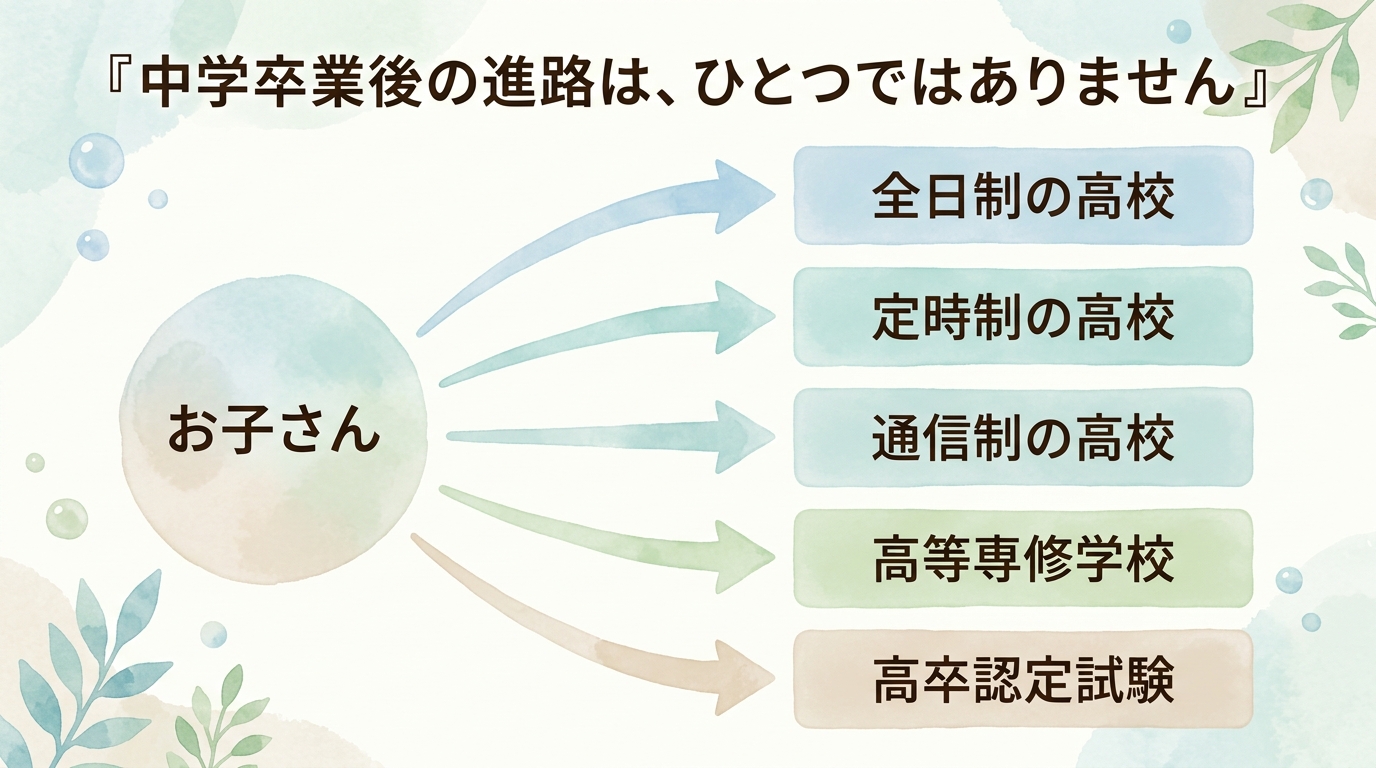 お子さんから、全日制の高校、定時制の高校、通信制の高校、高等専修学校、高卒認定試験の5つへ矢印が伸びている図