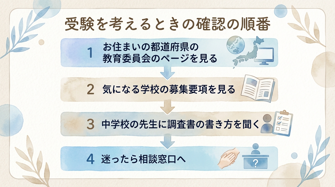 公立高校入試で確認することを、都道府県の教育委員会、志望校の募集要項、中学校の先生、相談窓口の順に並べた図"
