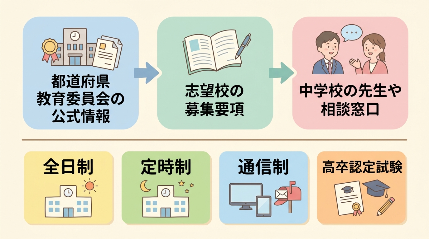 都道府県教育委員会の公式情報、志望校の募集要項、中学校の先生や相談窓口の順に確認する流れと、全日制・定時制・通信制・高卒認定試験の選択肢を並べた図"