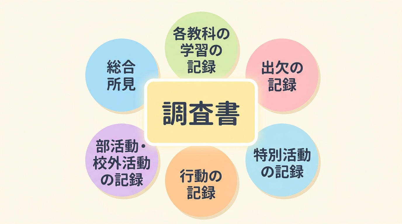 調査書の中心に、各教科の学習の記録、出欠の記録、特別活動の記録、行動の記録、部活動・校外活動の記録、総合所見の6つの記入欄が並んだ図