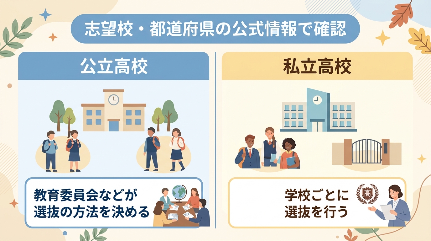 公立高校と私立高校で、入学者選抜を決める主体が違うことを示した図。公立は都道府県などの教育委員会が方法を決め、私立は各学校が選抜を行う