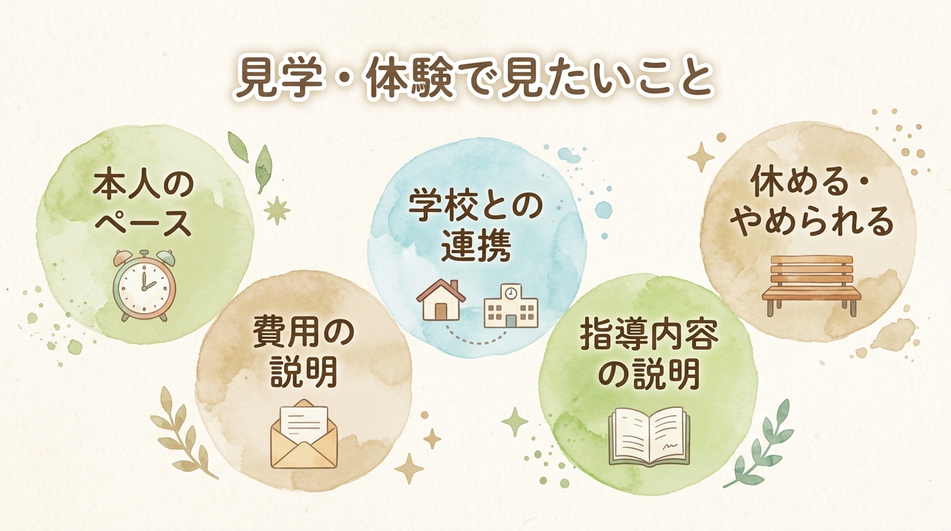 本人のペース、費用の説明、学校との連携、指導内容の説明、休める・やめられるの5つを示した図