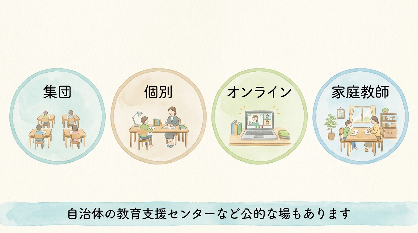 集団、個別、オンライン、家庭教師の4つの学びの形と、自治体の教育支援センターなど公的な場もあることを示した図"