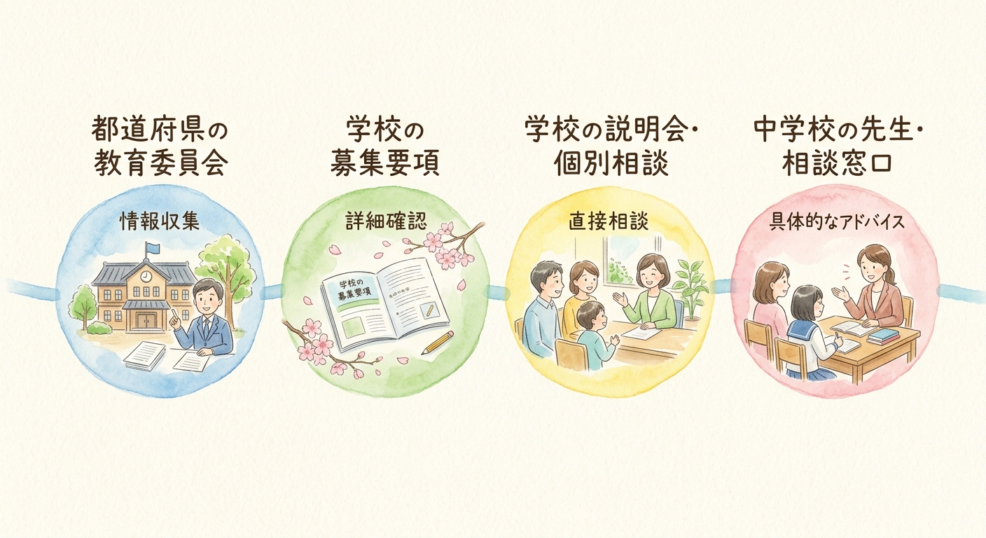 都道府県の教育委員会、学校の募集要項、学校の説明会・個別相談、中学校の先生・相談窓口の順に確認していく流れを、4つの丸で示した図"