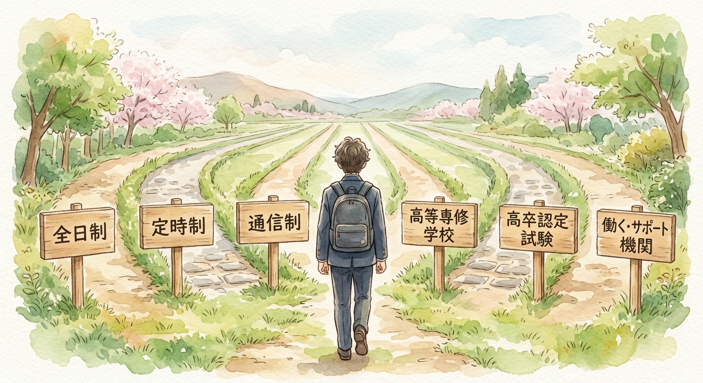 中学校を出た子どもの前に、全日制、定時制、通信制、高等専修学校、高卒認定試験、働く・サポート機関の6つの道が同じ幅で並んでいる図