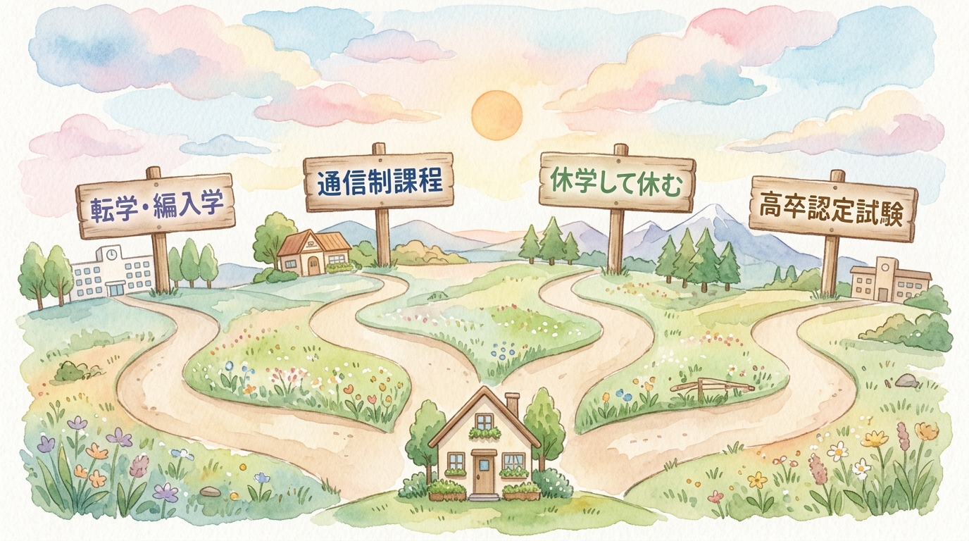 家から、転学・編入学、通信制課程、休学して休む、高卒認定試験の4つの道が同じ太さで広がっている風景の図。順番や優劣はない