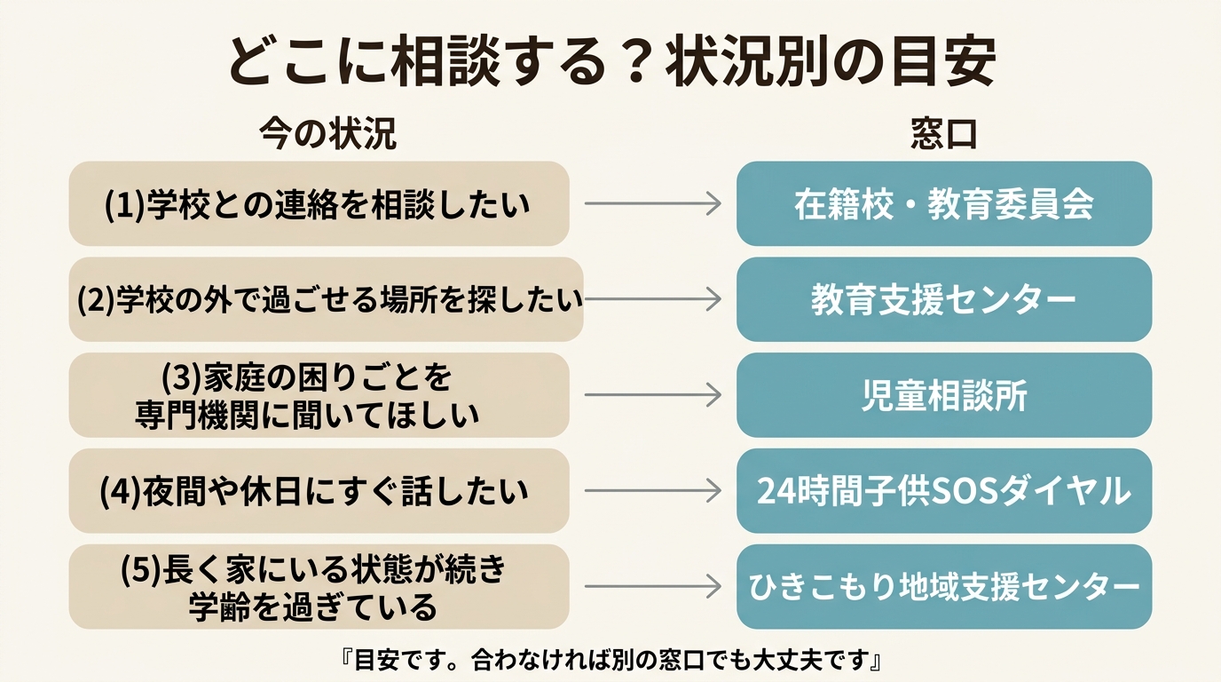 状況別の相談先の目安。学校との連絡は在籍校・教育委員会、学校の外の居場所は教育支援センター、家庭の困りごとは児童相談所、夜間や休日は24時間子供SOSダイヤル、学齢を過ぎて長く家にいる場合はひきこもり地域支援センター"