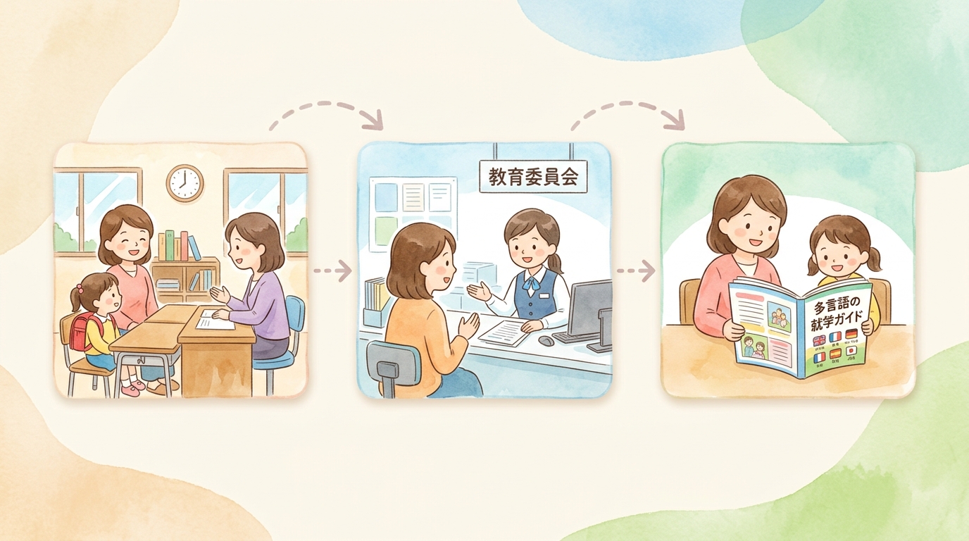 学校の先生に伝える、教育委員会に聞く、多言語の就学ガイドを見る、の3つの行動を左から順に矢印でつないだ図"