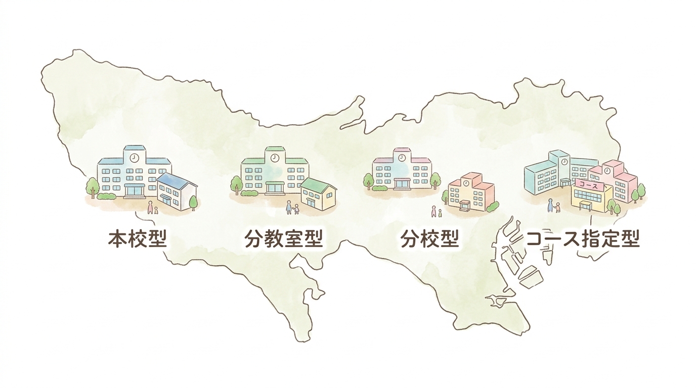 本校型、分教室型、分校型、コース指定型の4つの形態を、東京都の地図の上に建物のイラストで並べた図(建物の位置は実際の所在地とは関係ありません)