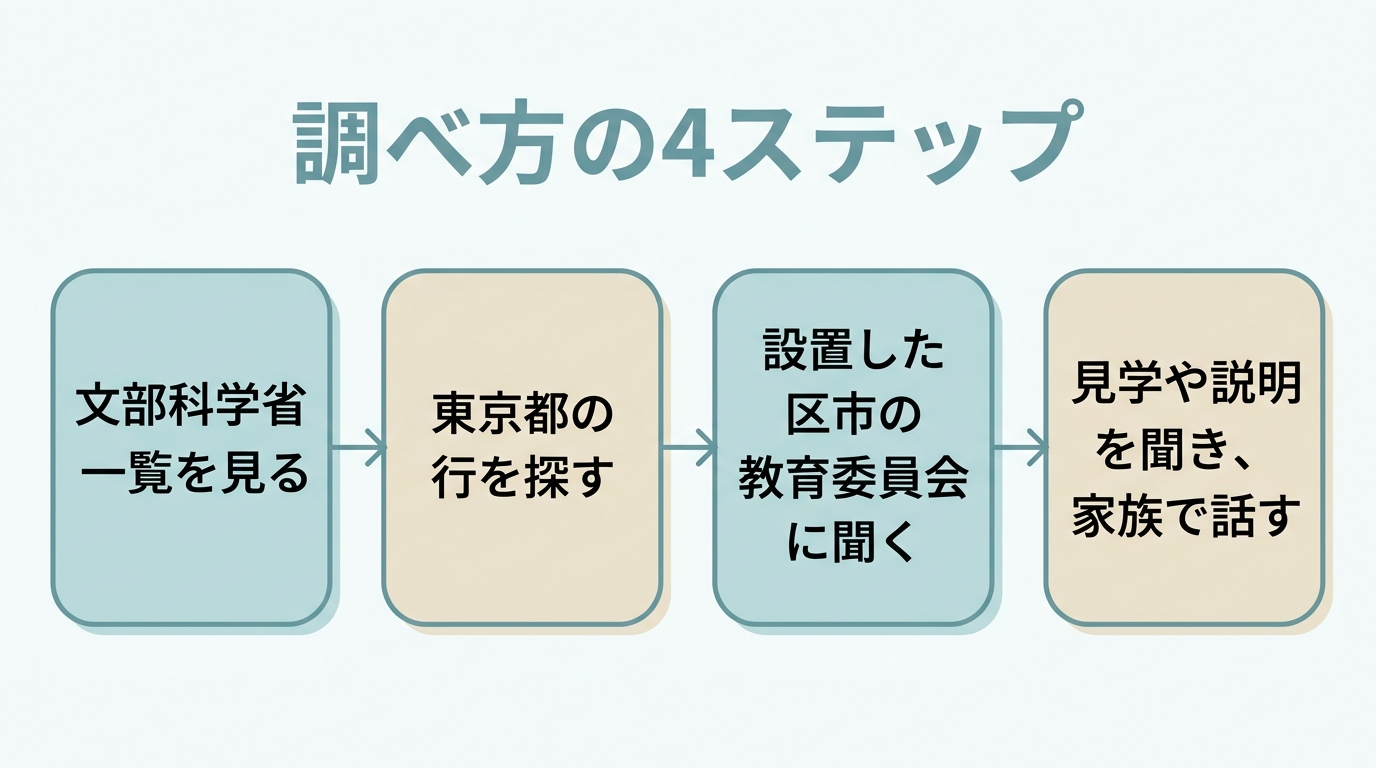 文部科学省の一覧を見る、東京の行を探す、設置した区市の教育委員会に聞く、見学や説明を聞いて家族で話す、という4つの手順が矢印でつながった図"