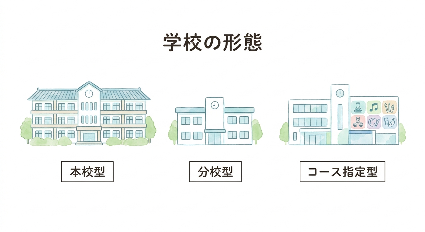 本校型、分校型、コース指定型の3つの形態を建物のイラストで並べた図"