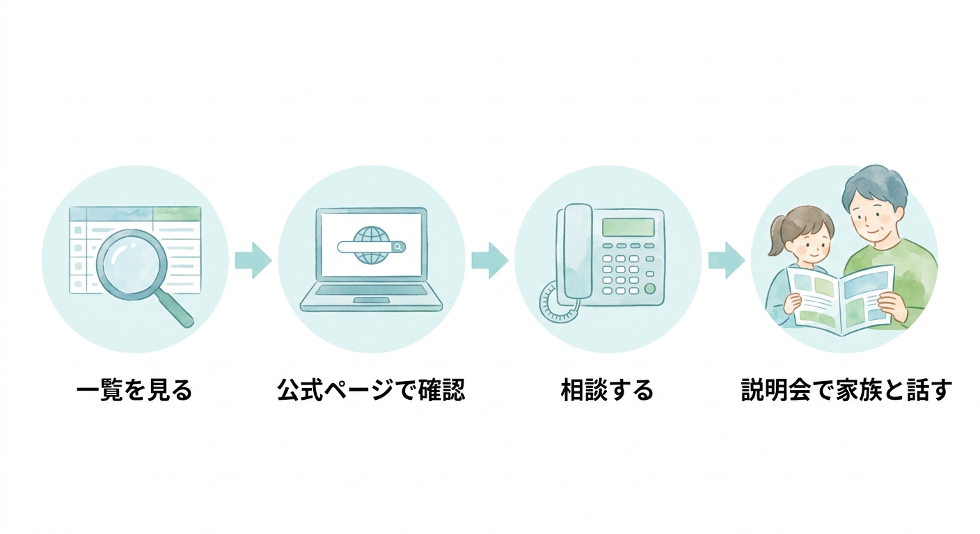 文部科学省の一覧を見る、公式ページで確認する、相談する、説明会で家族と話す、という4つの手順が矢印でつながった図