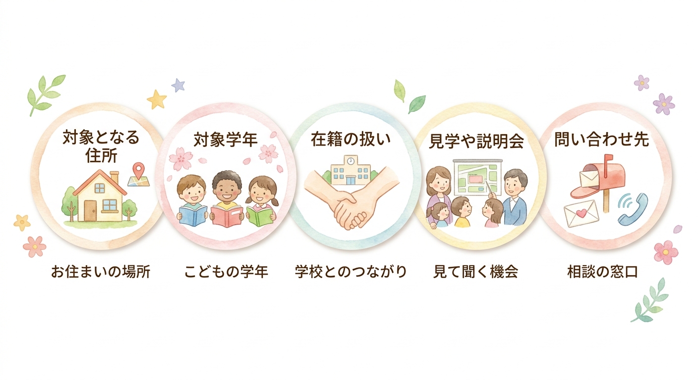 対象となる住所、対象学年、在籍の扱い、見学や説明会、問い合わせ先という5つの確認ポイントが円形のカードで並んだ図"