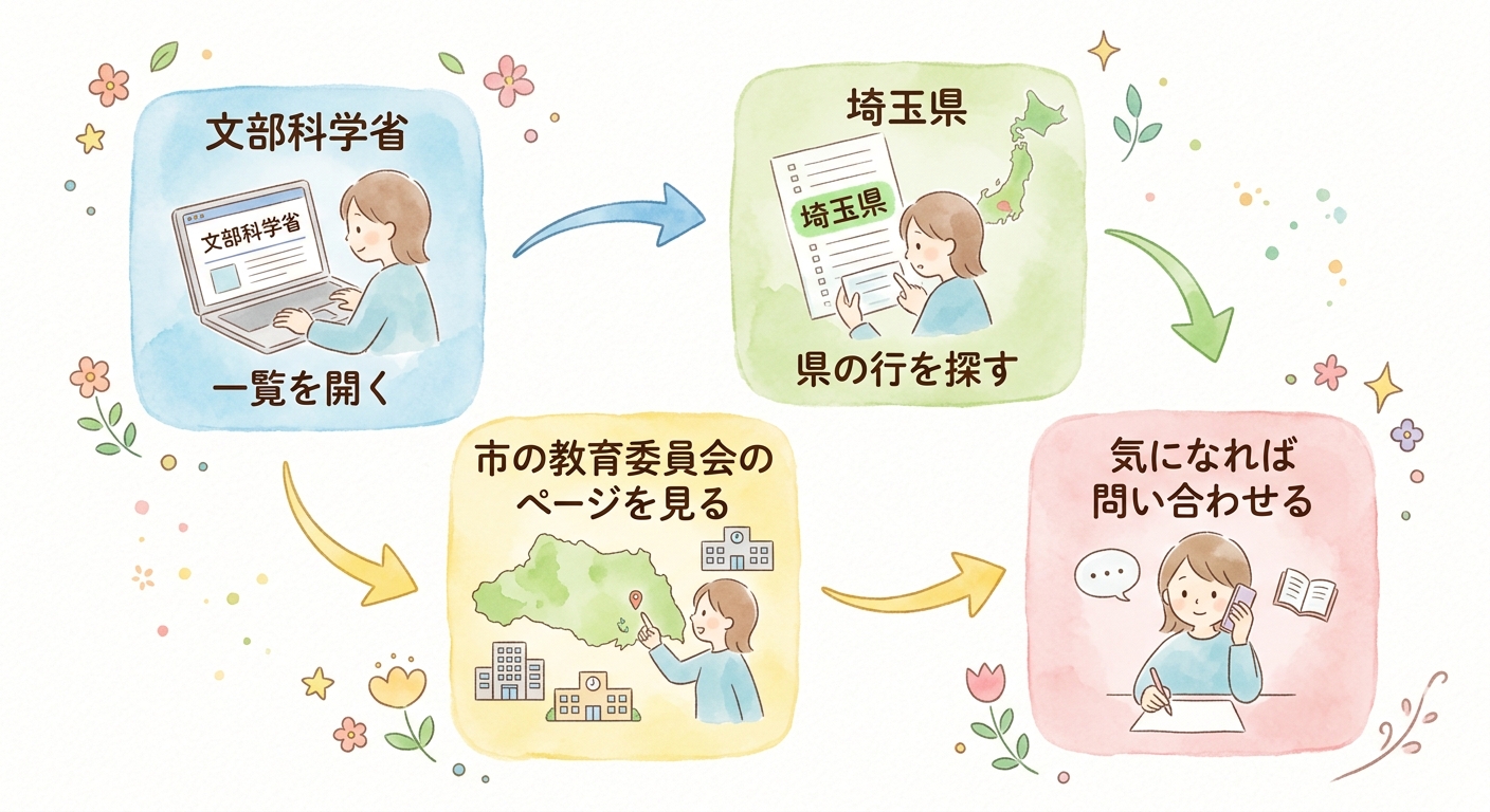 文部科学省の一覧を開く、埼玉県の行を探す、市の教育委員会のページを見る、気になれば問い合わせる、という4つの手順が矢印でつながった図