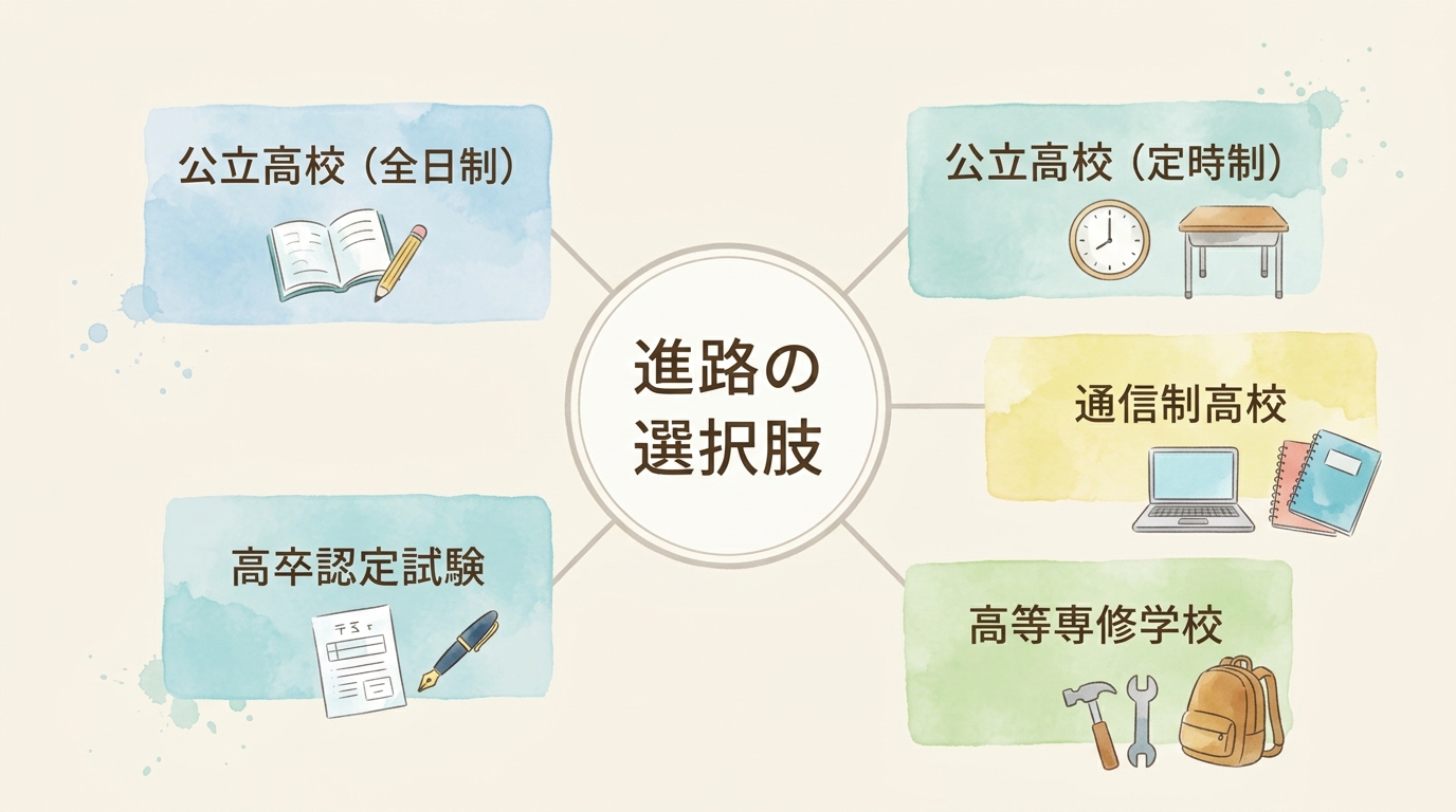 中学卒業後の進路の選択肢として、公立高校の全日制、公立高校の定時制、通信制高校、高等専修学校、高卒認定試験を並べた図"