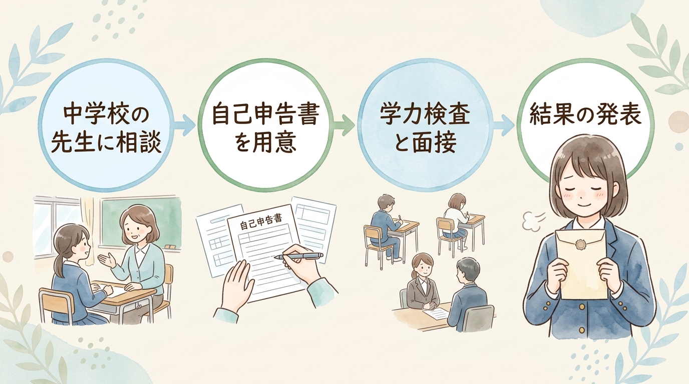 埼玉県の不登校の生徒などを対象とした特別な選抜について、中学校の先生への相談、自己申告書の用意、学力検査と面接、結果の発表の順に進む流れを示した図