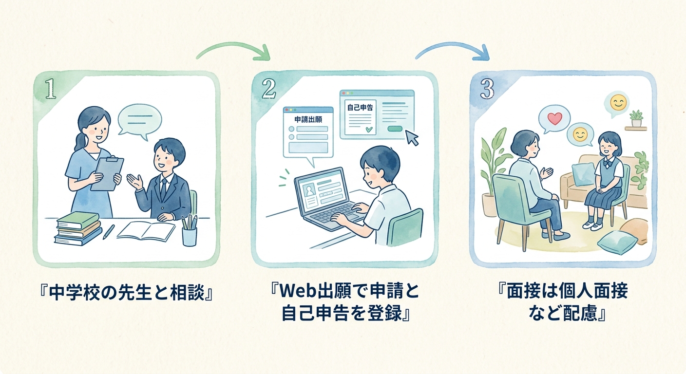愛知県の長期欠席者等選抜の流れを示した図。中学校の先生と相談し、Web出願で申請と自己申告を登録し、面接は個人面接などの配慮がある、という3段階