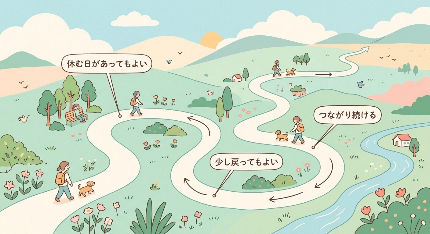 ゆるやかに曲がる一本の道を、人が犬と歩いている風景の図。休む日があってもよい、少し戻ってもよい、つながり続ける、という三つの吹き出しが添えられている"