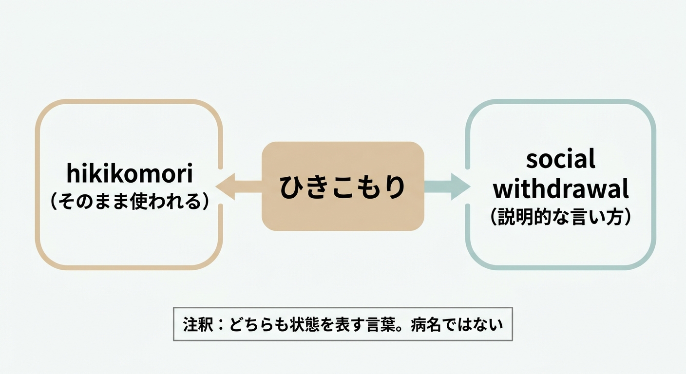 「ひきこもり」から「hikikomori」(そのまま使われる)と「social withdrawal」(説明的な言い方)の2つへ矢印が伸びている図。どちらも状態を表す言葉で、病名ではないという注釈つき