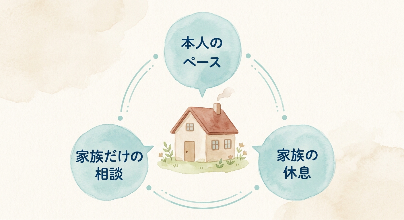 家の絵を中心に、「本人のペース」「家族の休息」「家族だけの相談」の3つの吹き出しが囲んでいる図