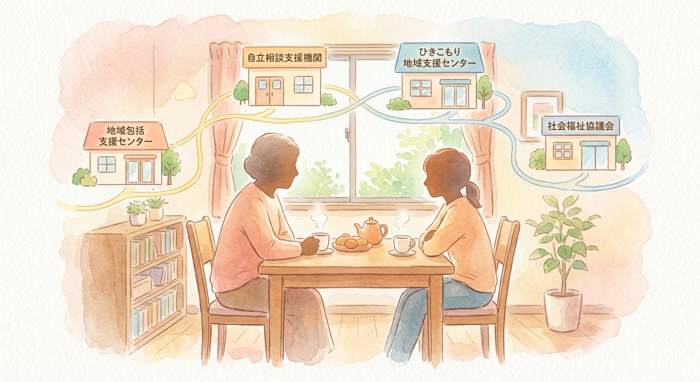 年齢の違う親子が食卓を囲み、そのまわりに地域包括支援センター、自立相談支援機関、ひきこもり地域支援センター、社会福祉協議会の4つの窓口がゆるやかにつながっている図"