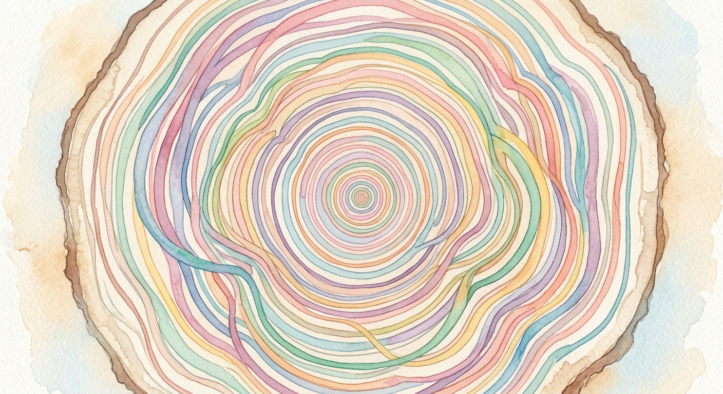 年輪のように、いろいろな色と太さの輪が重なり、始まった時期も続いた長さも人によって違うことを表した水彩の図