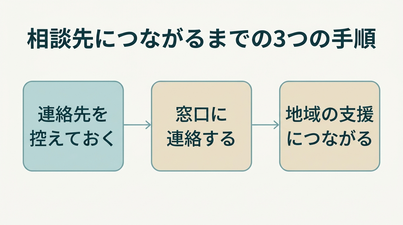 連絡先を控えておく、窓口に連絡する、地域の支援につながる、という3つの手順を矢印でつないだ図"