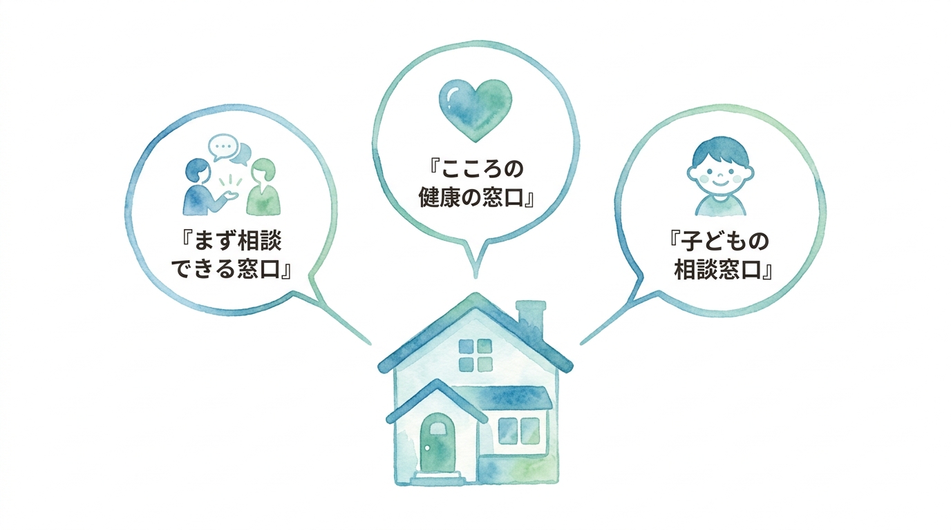 家の周りに、まず相談できる窓口、こころの健康の窓口、子どもの相談窓口の3つの吹き出しが並んでいる図