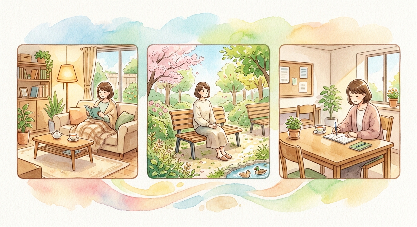 自宅のリビング、公園のベンチ、公民館のような部屋の3つの場面が並ぶ水彩画。会う場所の選択肢のイメージ"