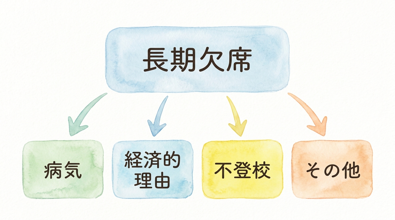 長期欠席が、病気、経済的理由、不登校、その他の4つの理由区分に分かれることを示した図。不登校の区分が強調されている"