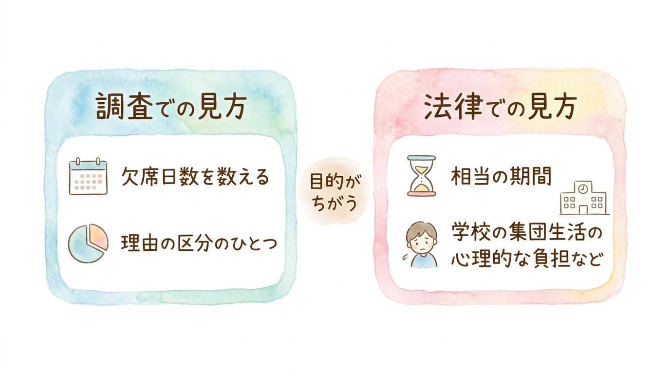 不登校の見方を、調査での見方と法律での見方に分けて並べた図。調査では欠席日数を数え理由の区分のひとつとして扱い、法律では相当の期間と学校の集団生活の心理的な負担などを挙げている