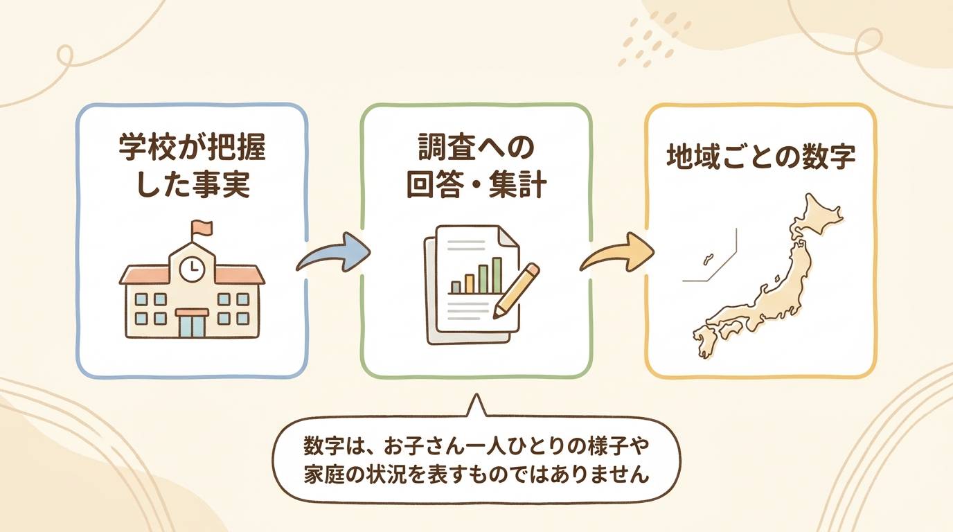 学校が把握した事実が調査の回答・集計を通して地域ごとの数字になることと、その数字はお子さん一人ひとりの様子や家庭の状況を表すものではないことを示した図