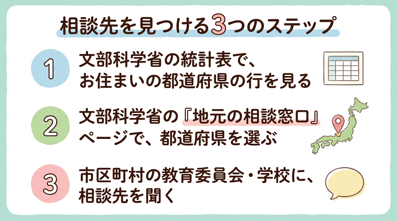 相談先を見つけるための3つのステップ。文部科学省の統計表でお住まいの都道府県の行を見る、文部科学省の地元の相談窓口ページで都道府県を選ぶ、市区町村の教育委員会や学校に相談先を聞く、という順番を示した図"